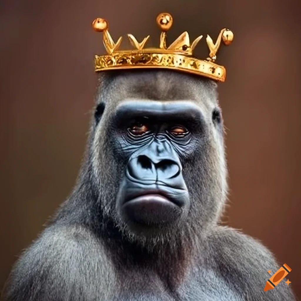gorilla wearing a crown and smiling