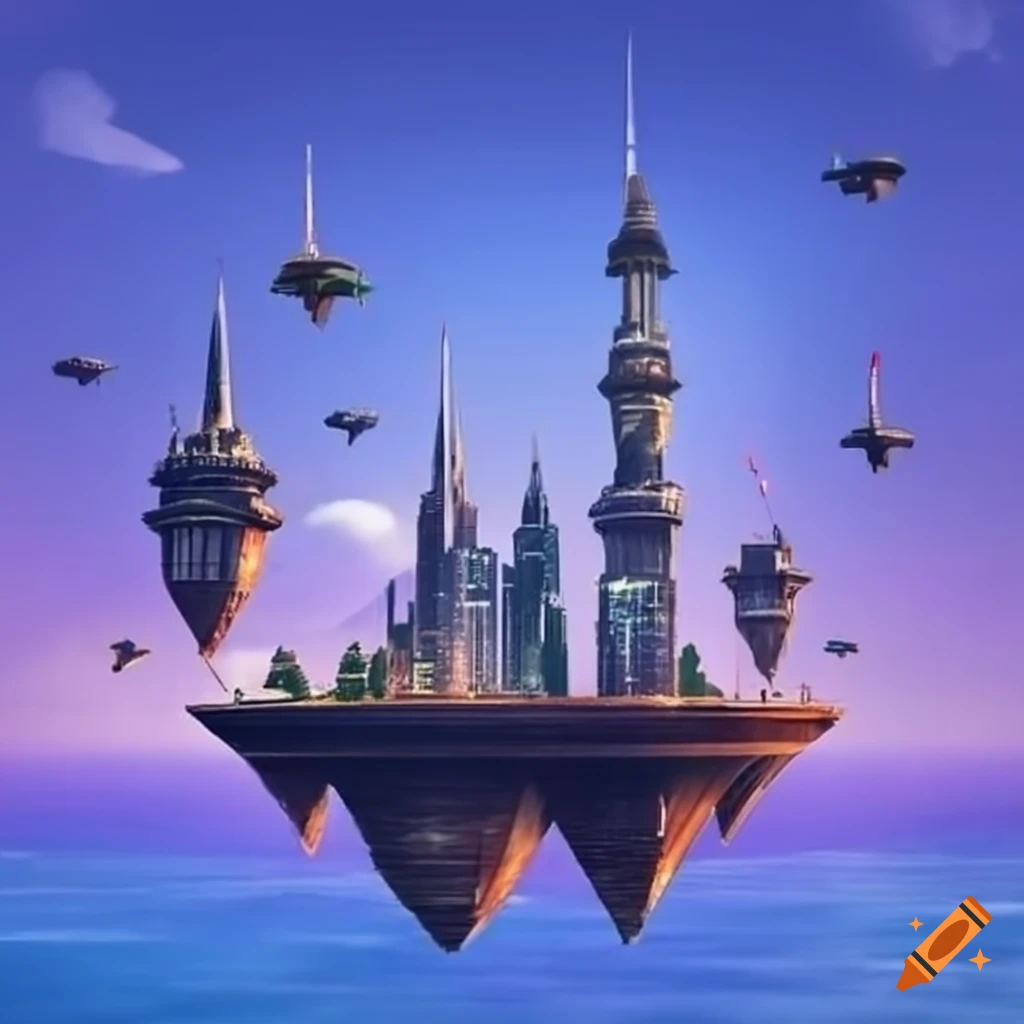 Floating city of towers in the sky