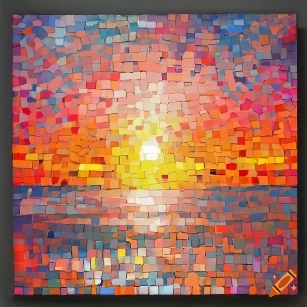 Mosaic painting of a sunset over a sea on Craiyon