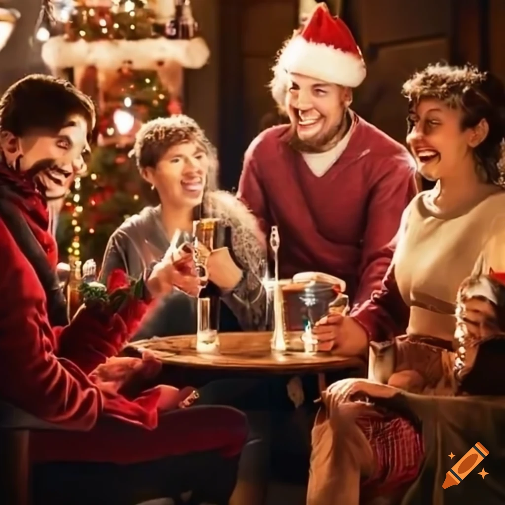 group of friends celebrating Christmas at a pub