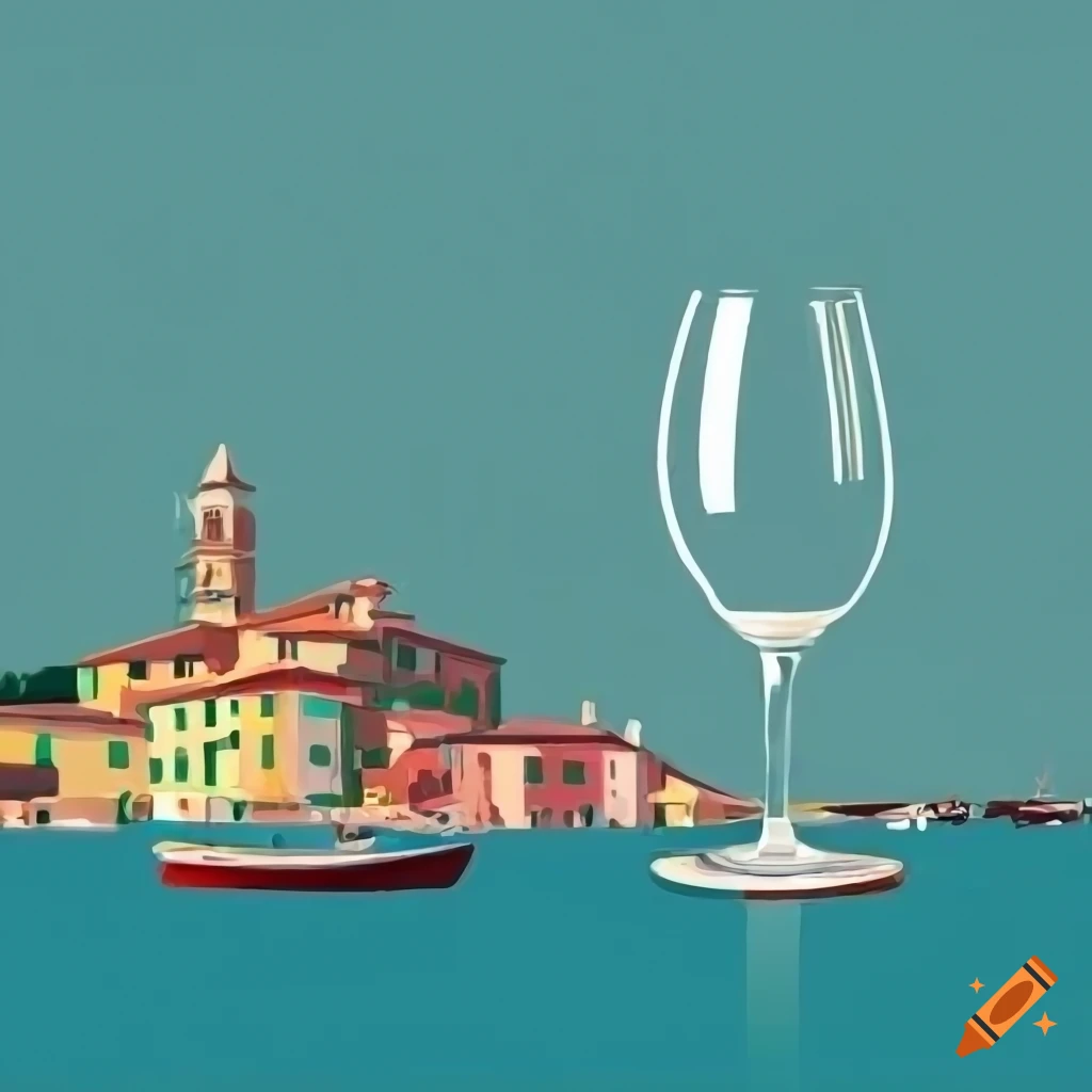 colorful illustration of an Italian seaside village with a wine glass