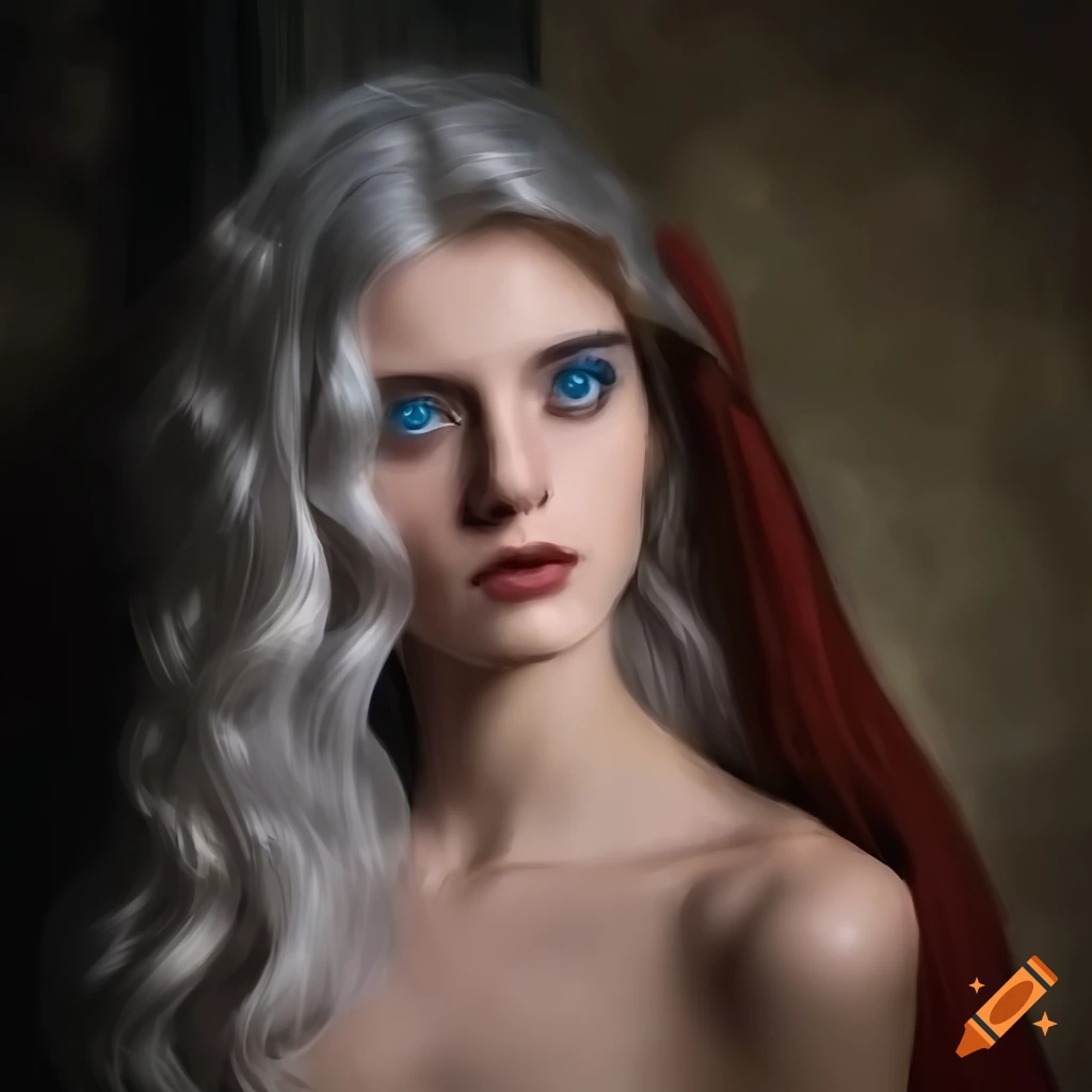 Portrait of a young woman with silver hair in a candlelit room on Craiyon