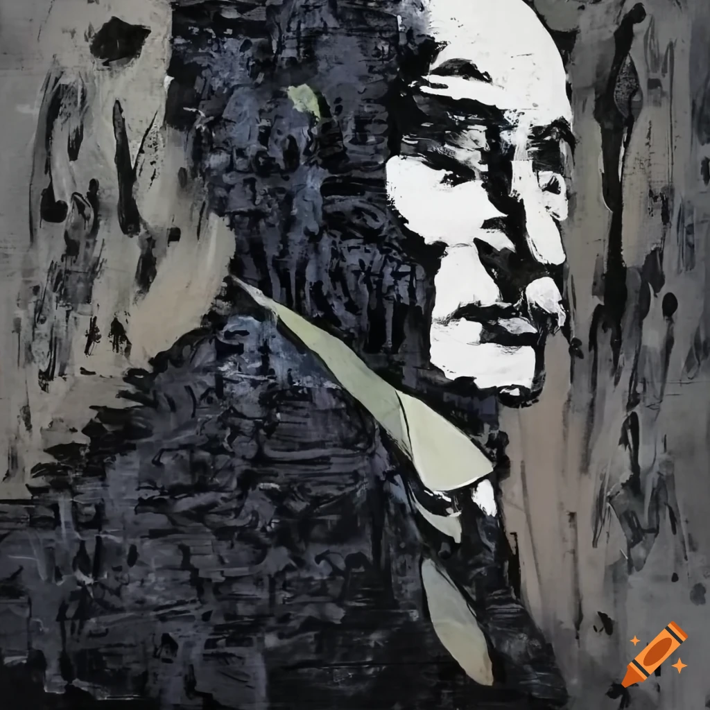 black and white stencil art of a gaunt man