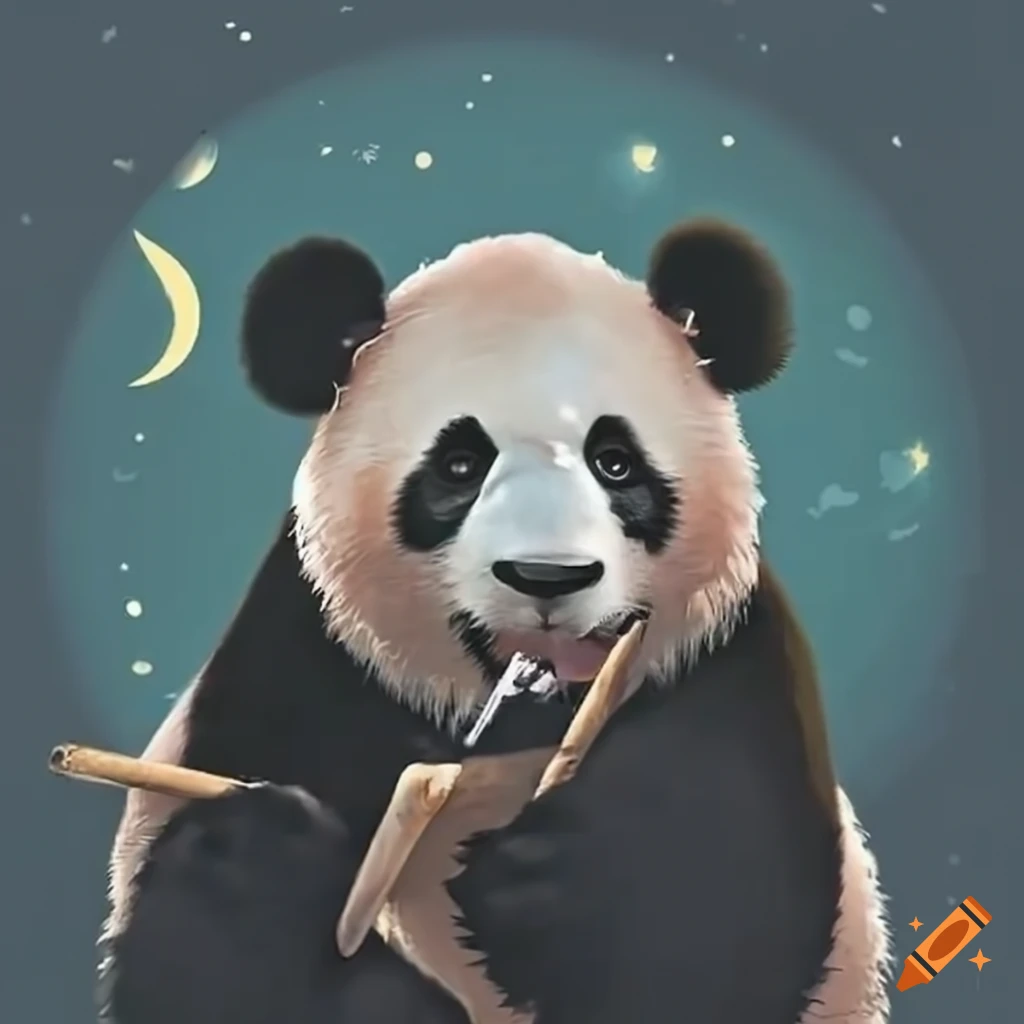 satirical image of a panda smoking on the moon