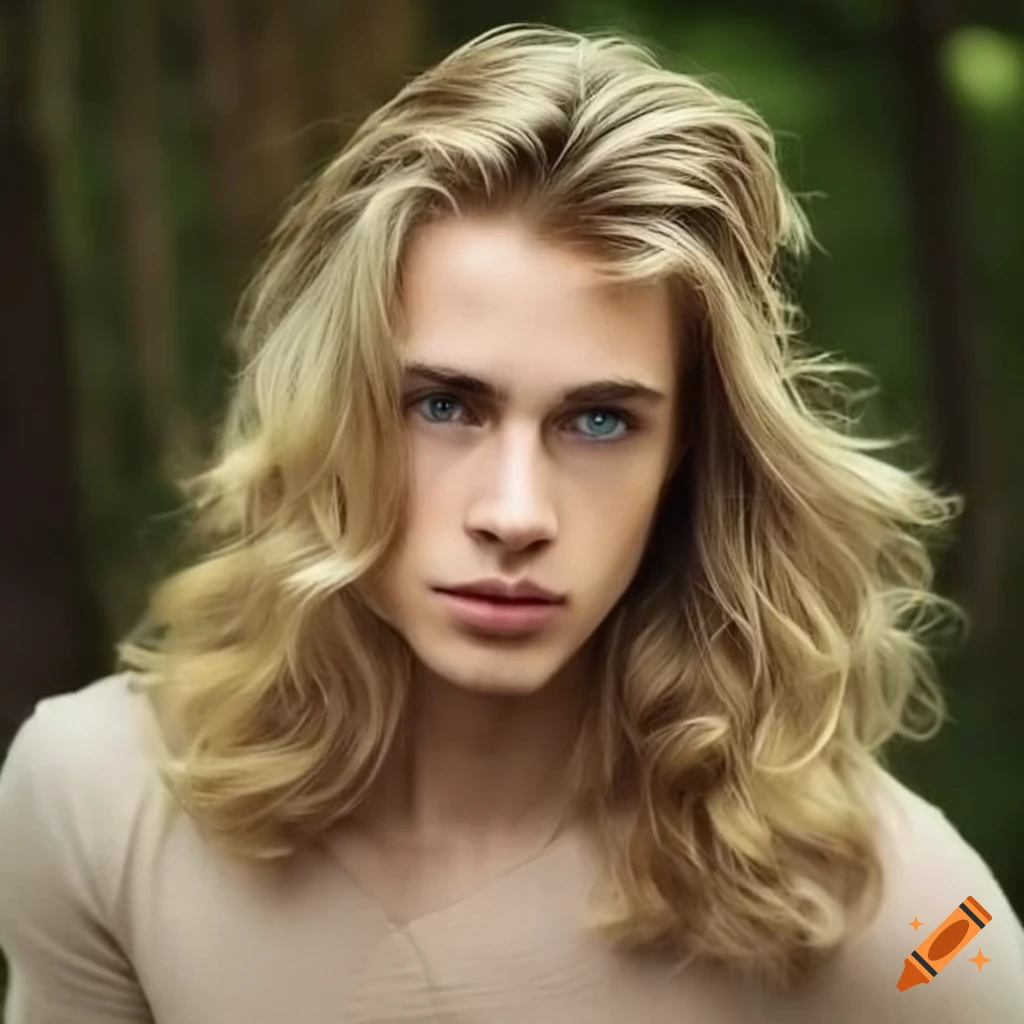 portrait of a stylish man with blonde wavy hair and green eyes