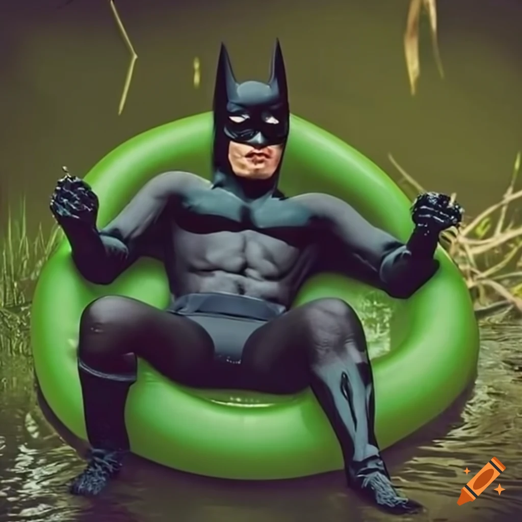 Batman relaxing on a pool float in the swamp