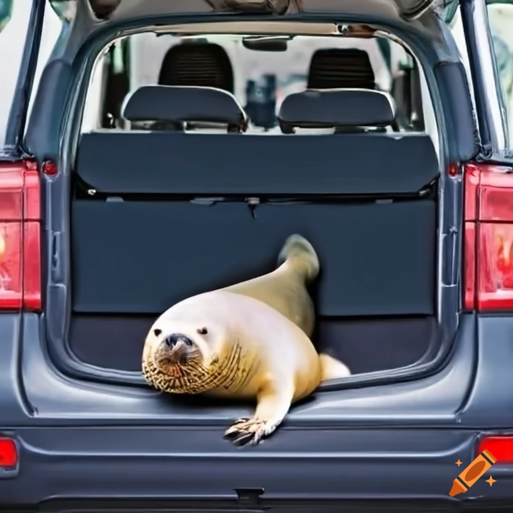Humorous image of a seal in a car trunk