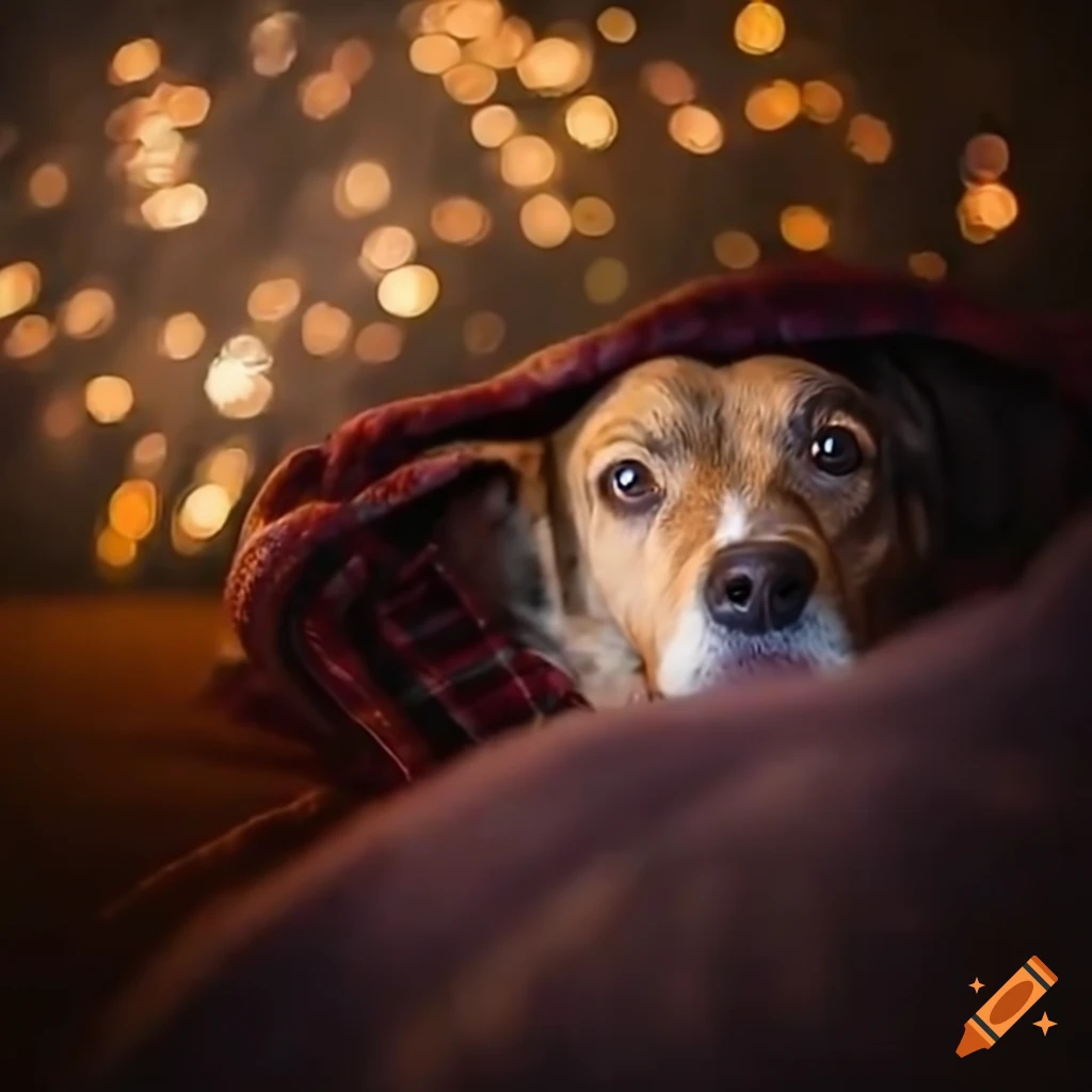 Dog hiding under a blanket during fireworks