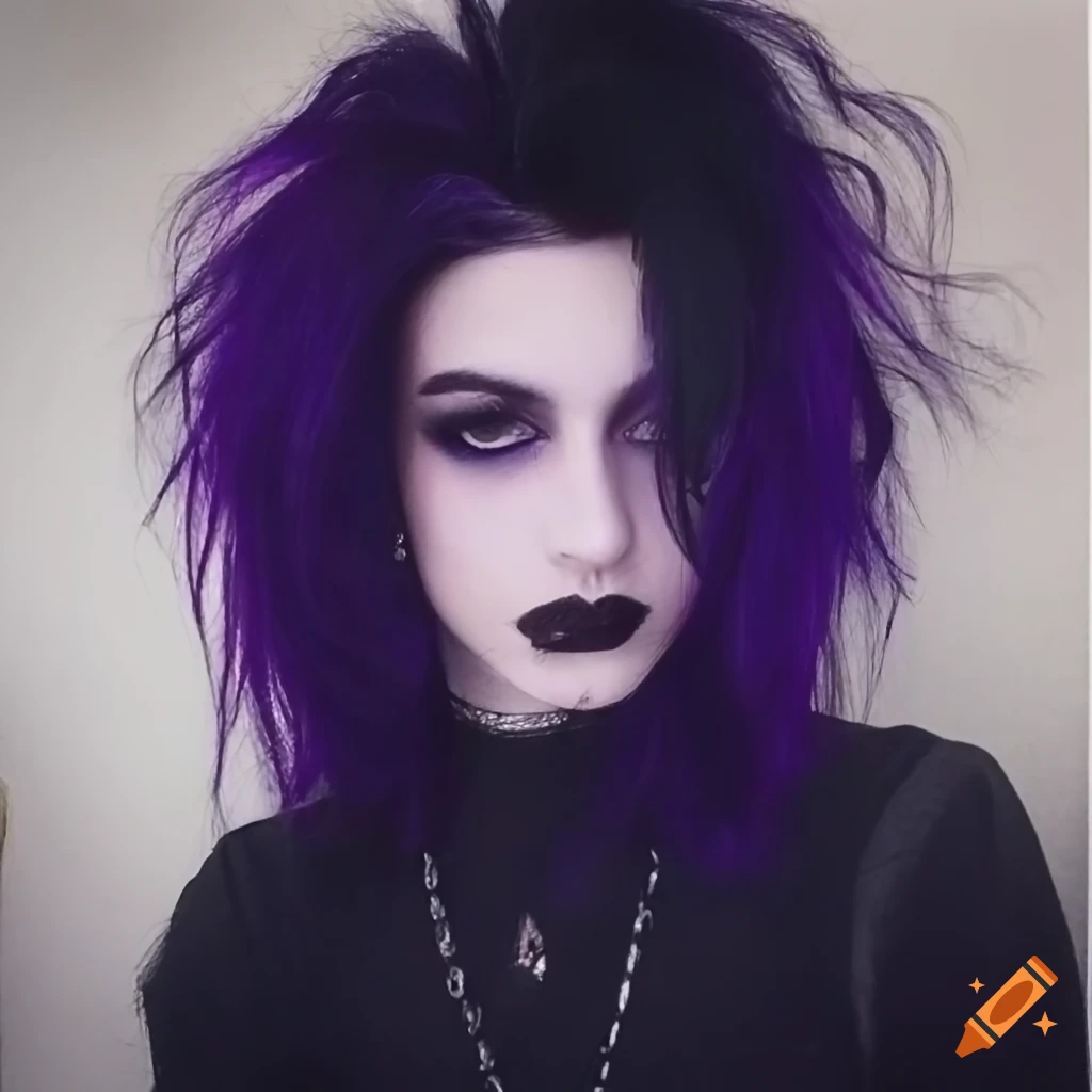 portrait of a goth guy with purple and black hair