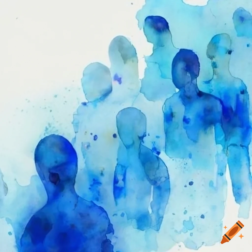 Blue scale watercolor artwork of human population