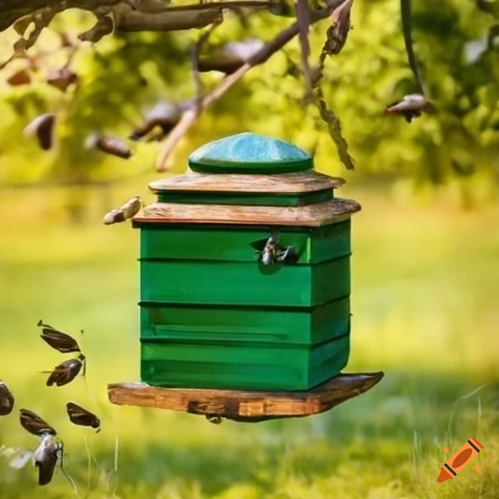 beehive in a plumb tree orchard with flying bees