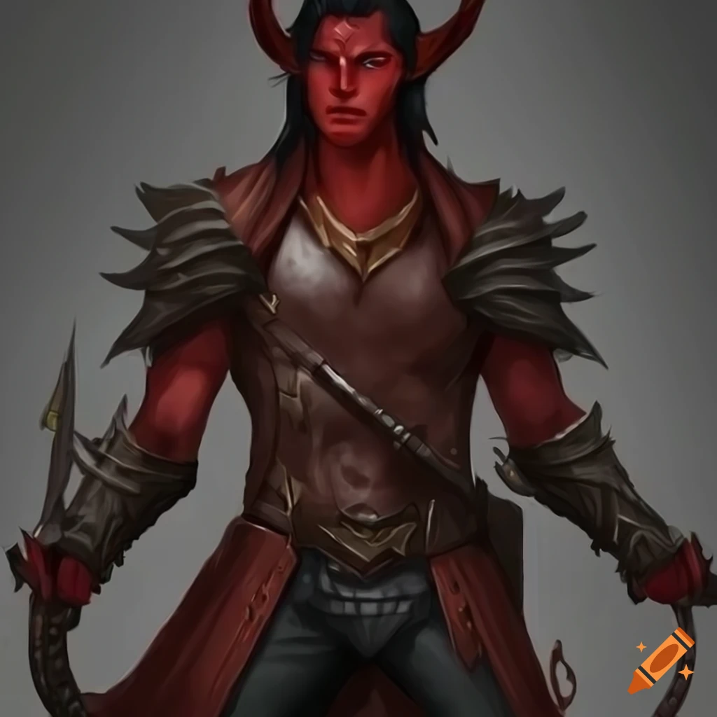 Cosplay of a male Tiefling with red skin and black horns on Craiyon