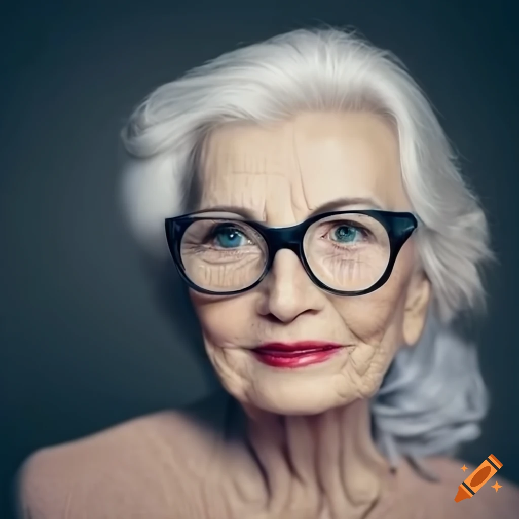Close-up portrait of an elegant senior woman with white hair and glasses