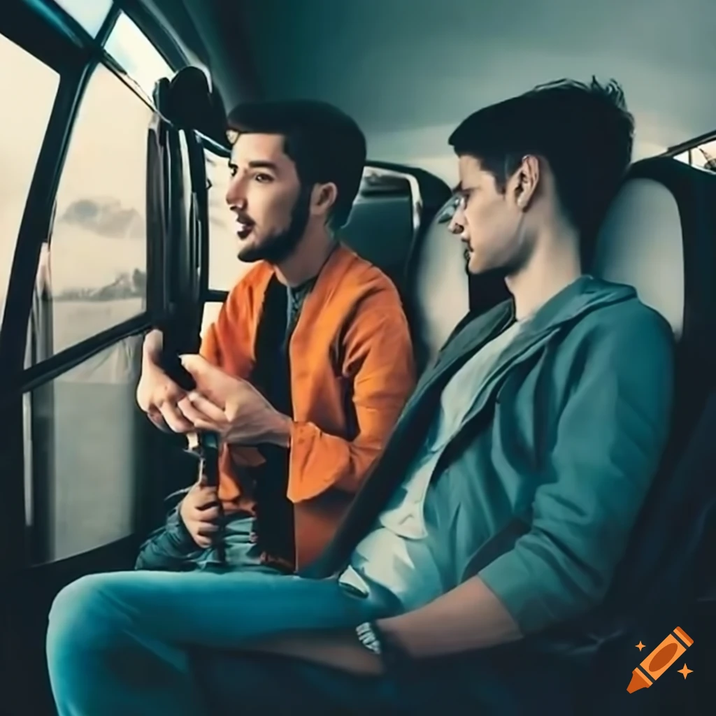 two men having a conversation on a bus