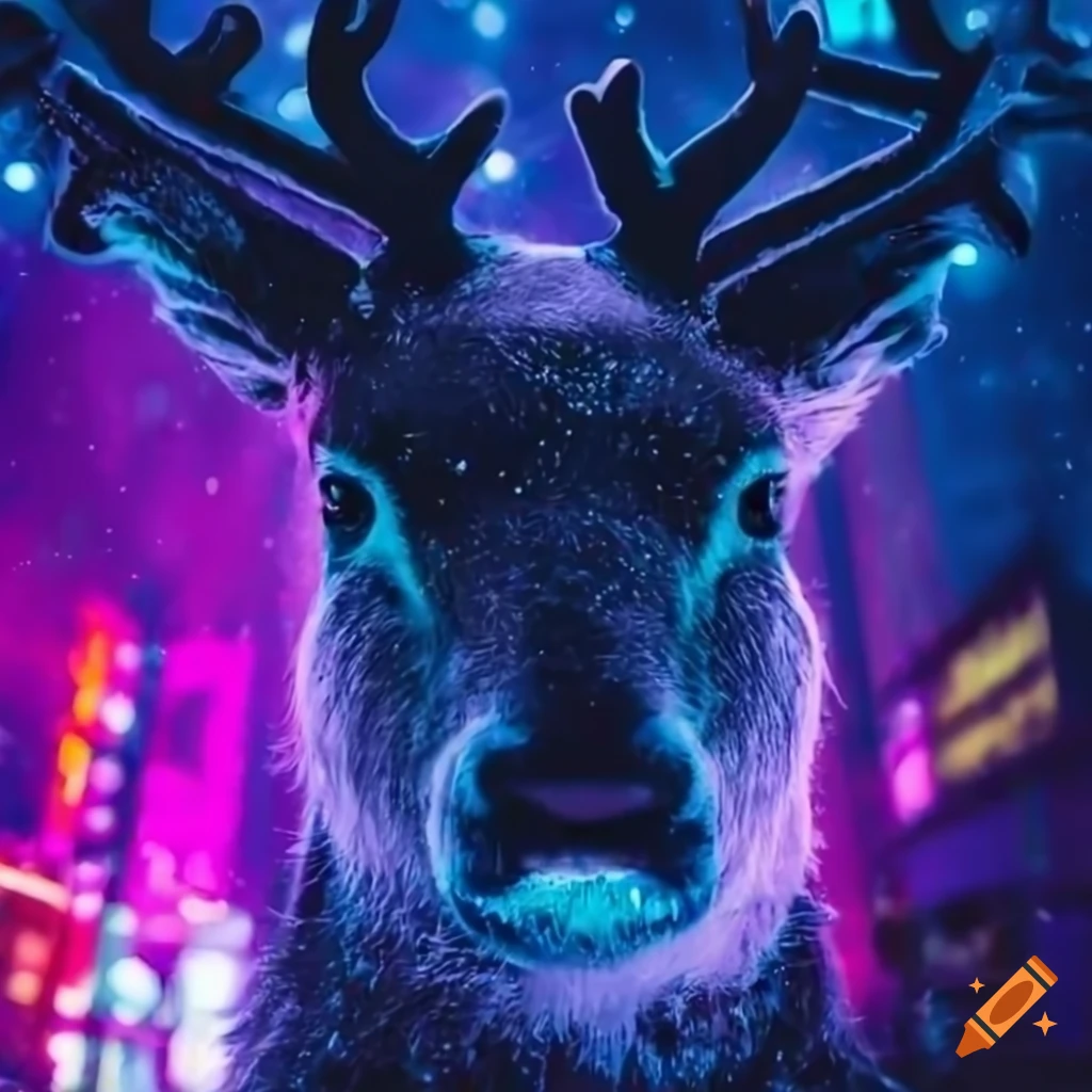 closeup of a reindeer in a neon city snowfall