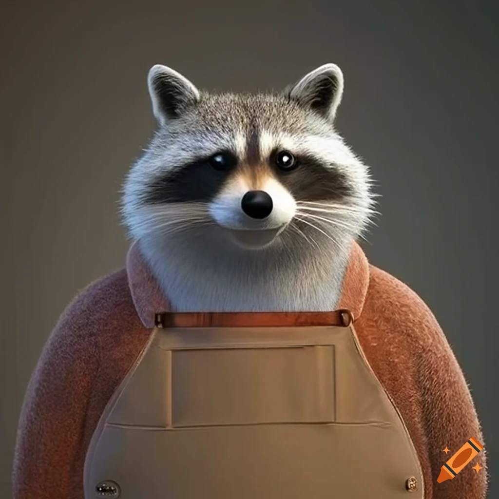 photo-realistic 3D rendering of a cute fat raccoon in a brown apron and hardhat