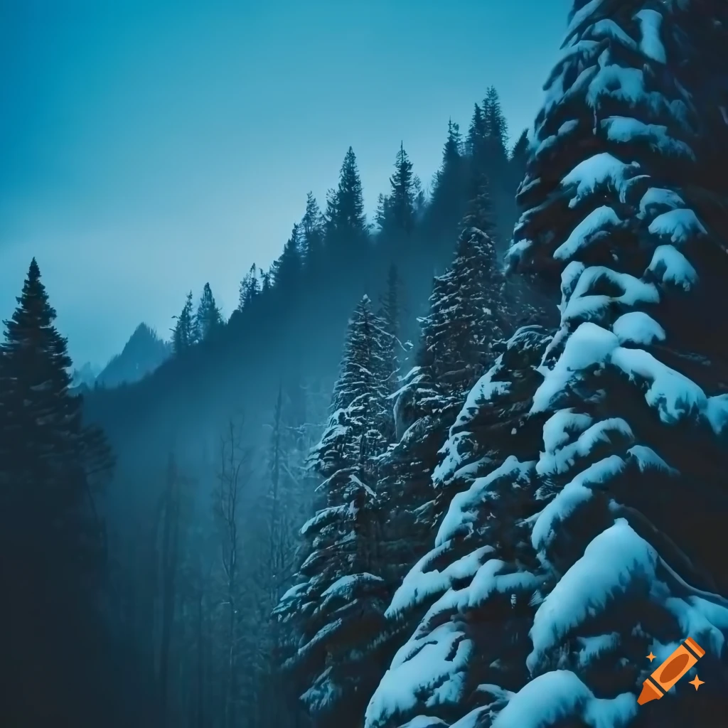 winter landscape of evergreen forest and snowy mountains