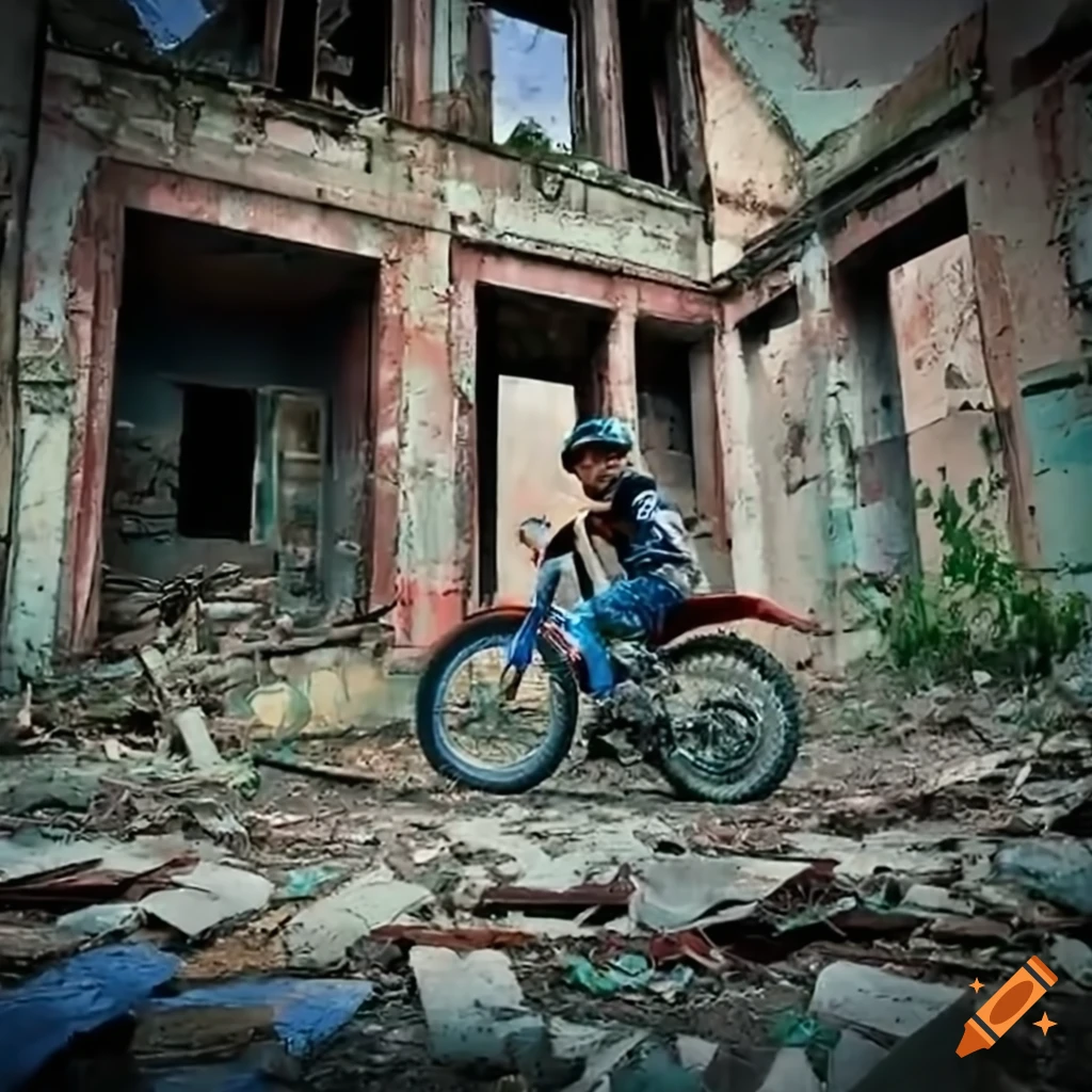 dirt bike rider in abandoned city ruins