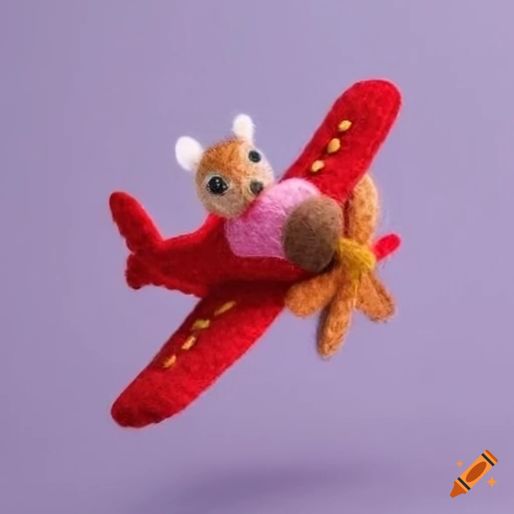 cute felt toy squirrel flying a red airplane