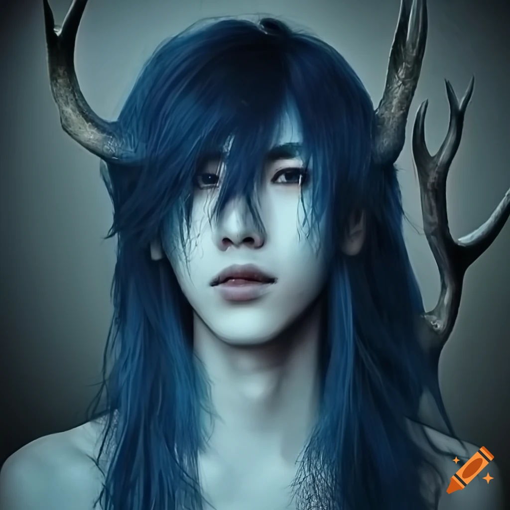 fantasy character with blue skin and deer antlers