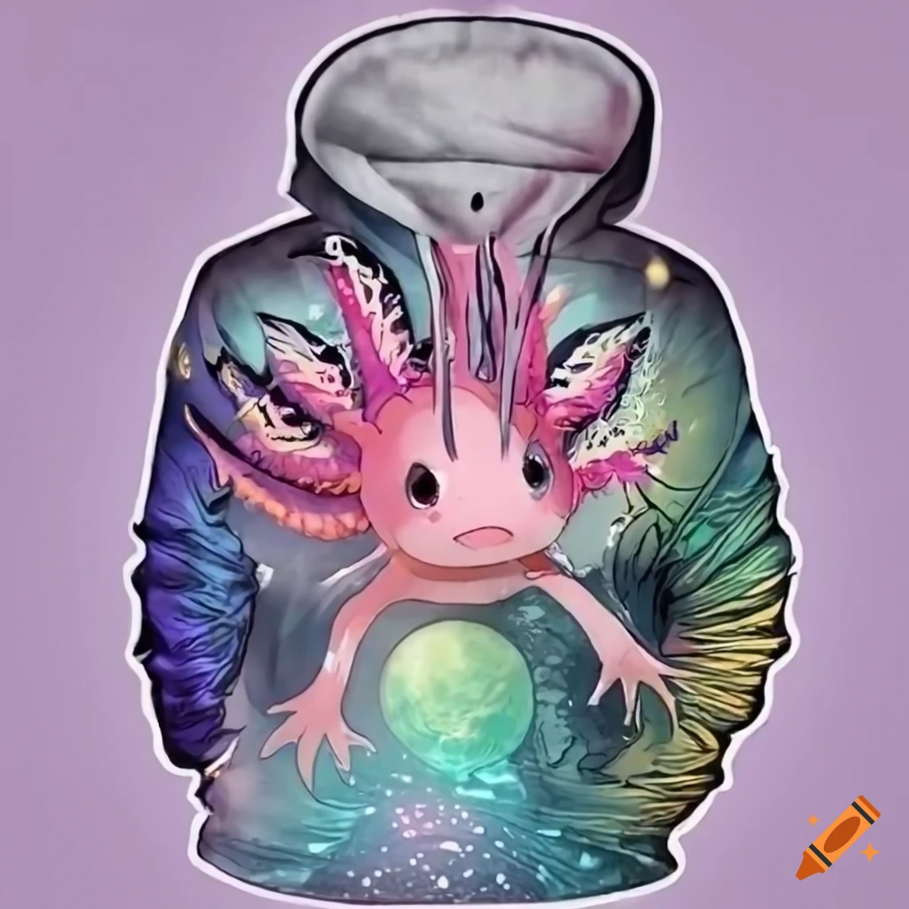 digital art of a cyan and pink axolotl wearing moon hoodie