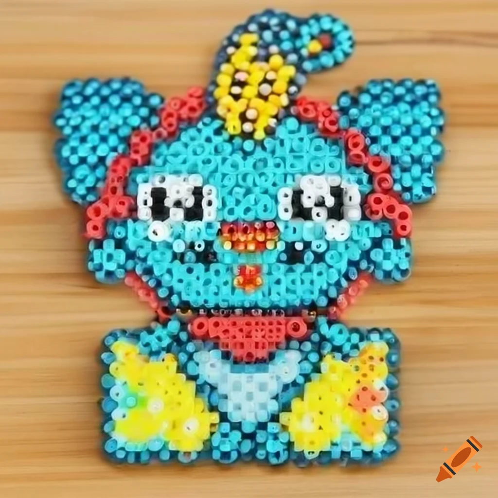 Colorful aquabeads artwork on a desk