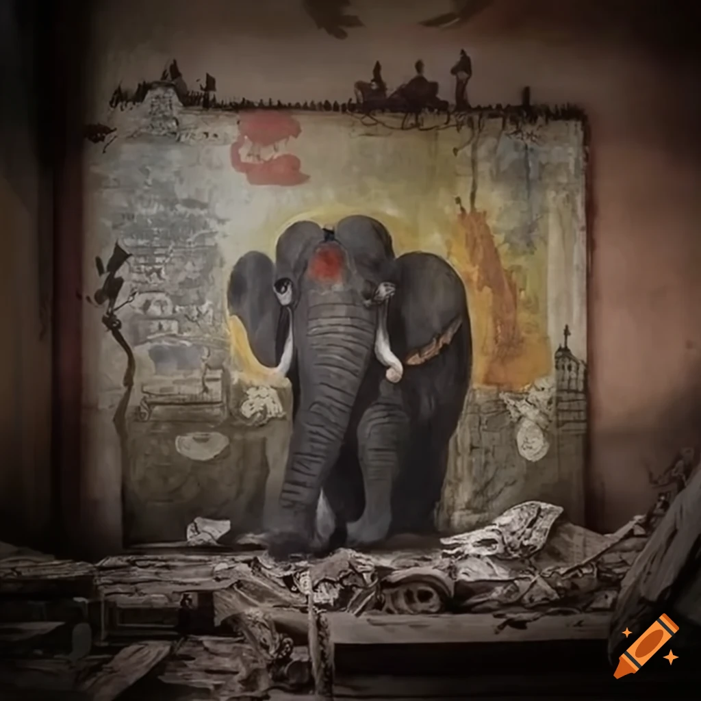 detailed painting of an abandoned museum with an elephant painting