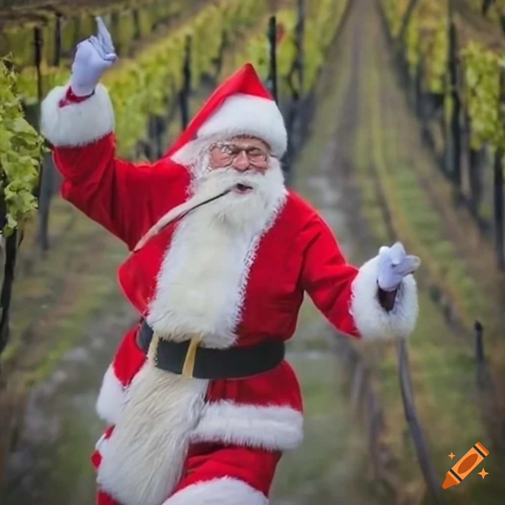 winter scene with Santa running in a vineyard
