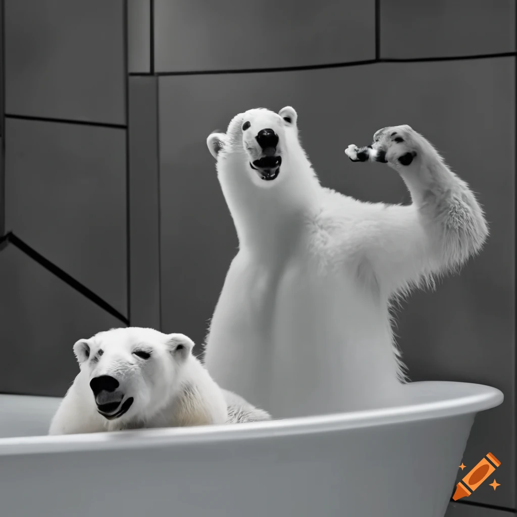 funny image of a polar bear juggling in a bathtub