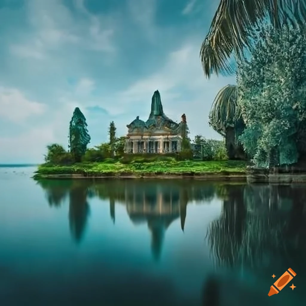 image of an island palace with a beautiful garden