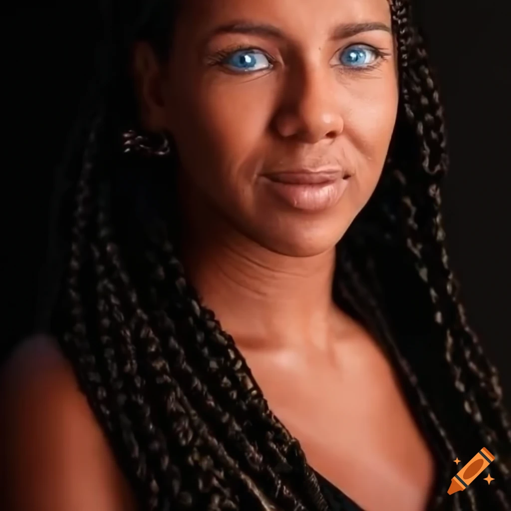 portrait of woman with black braided hair and blue eyes