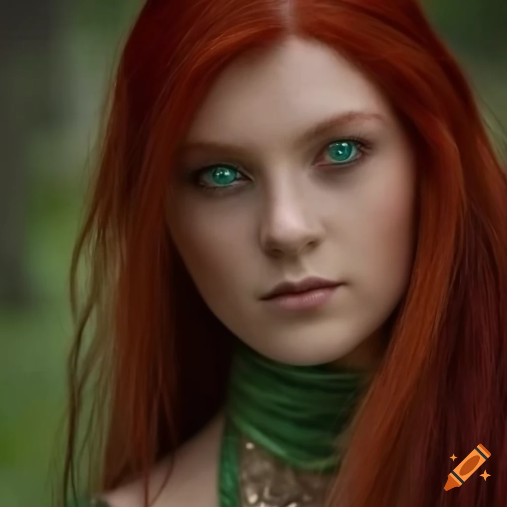 Portrait of a tall elven female with long dark red hair on Craiyon