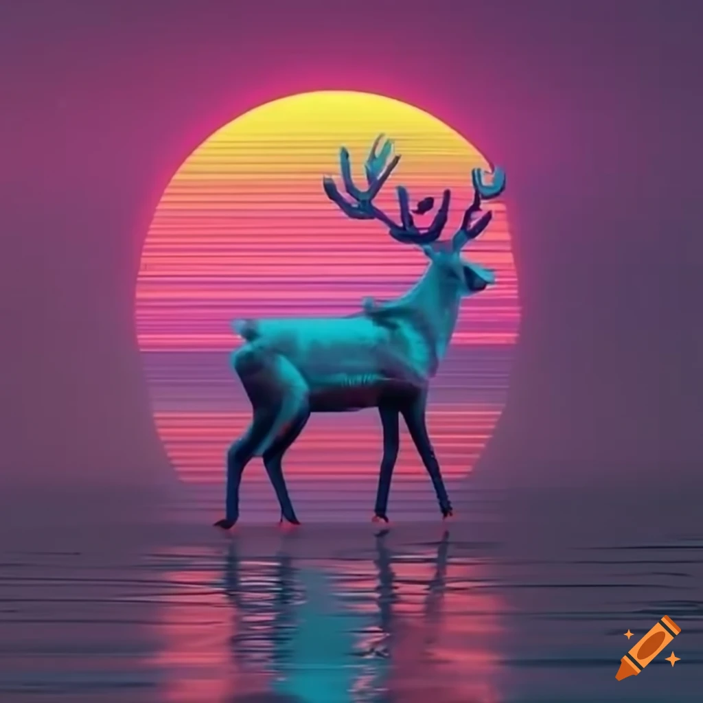 neon synthwave reindeer in a sunset sky