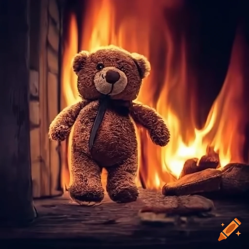 Teddy Bear Casually Drinking Water In Front Of A Burning House