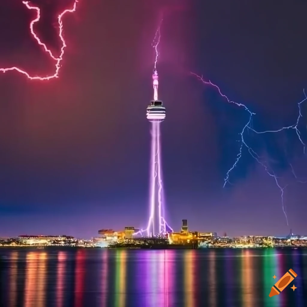 Cn tower illuminated by colorful lightning at night on Craiyon