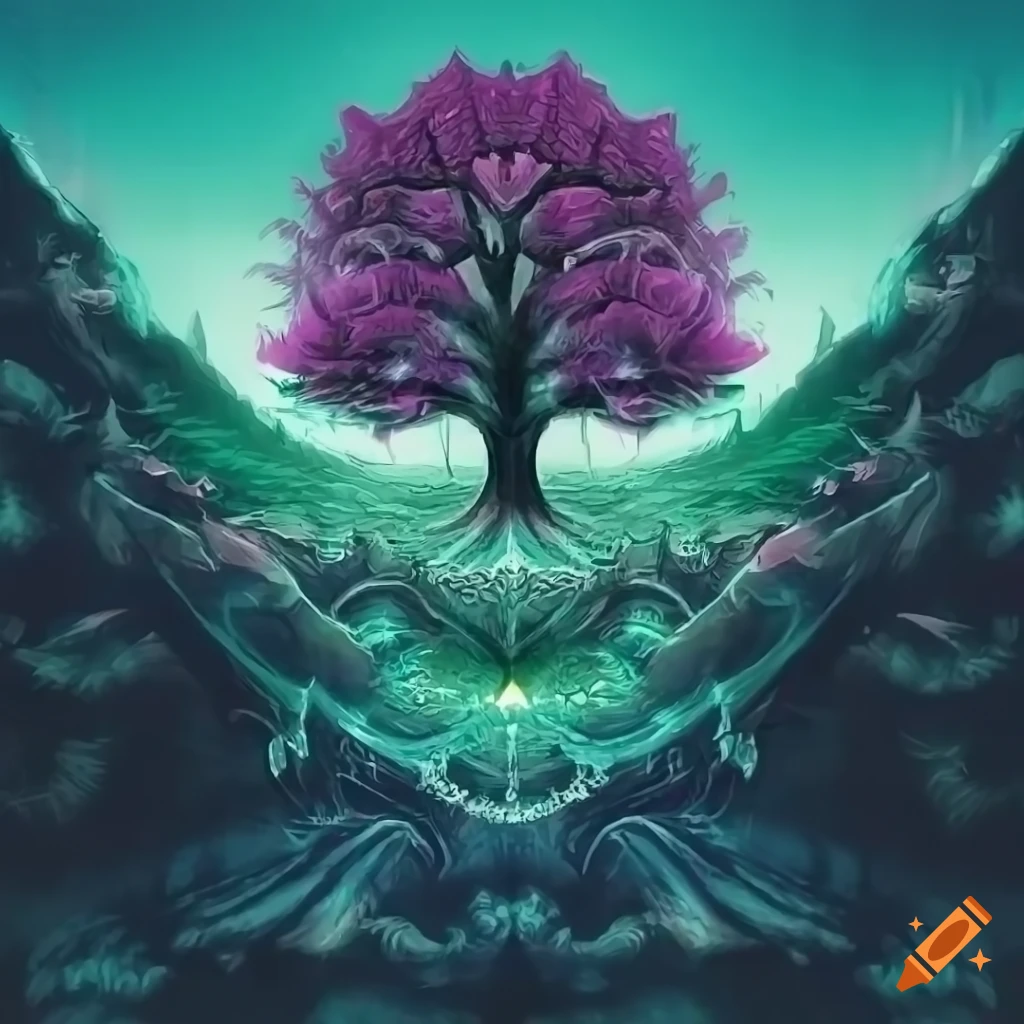 montanha e árvore Yggdrasil com folhas roxas e raízes verdes