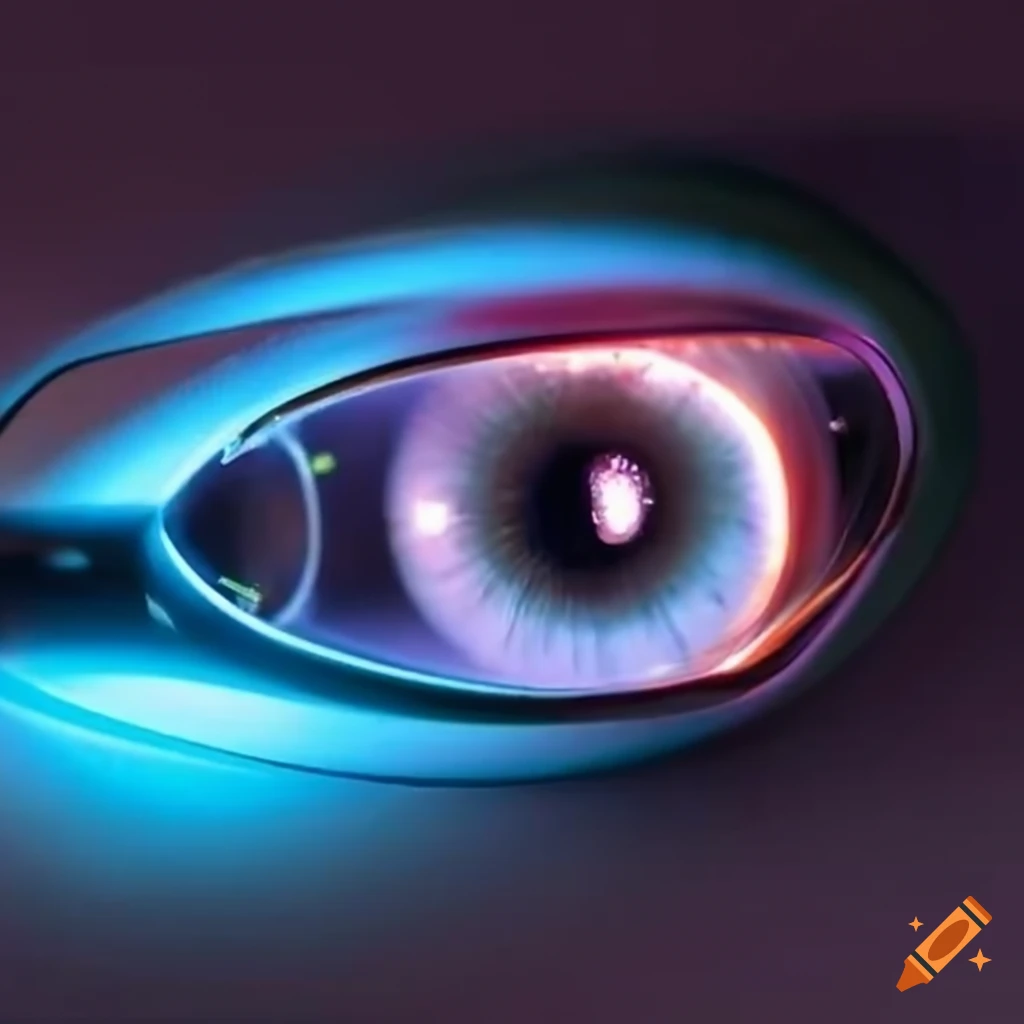 Close-up of a glowing bionic eye on Craiyon