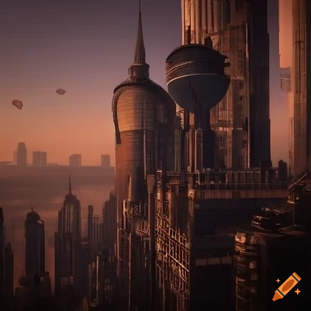 dieselpunk cityscape with airship and supertall skyscrapers