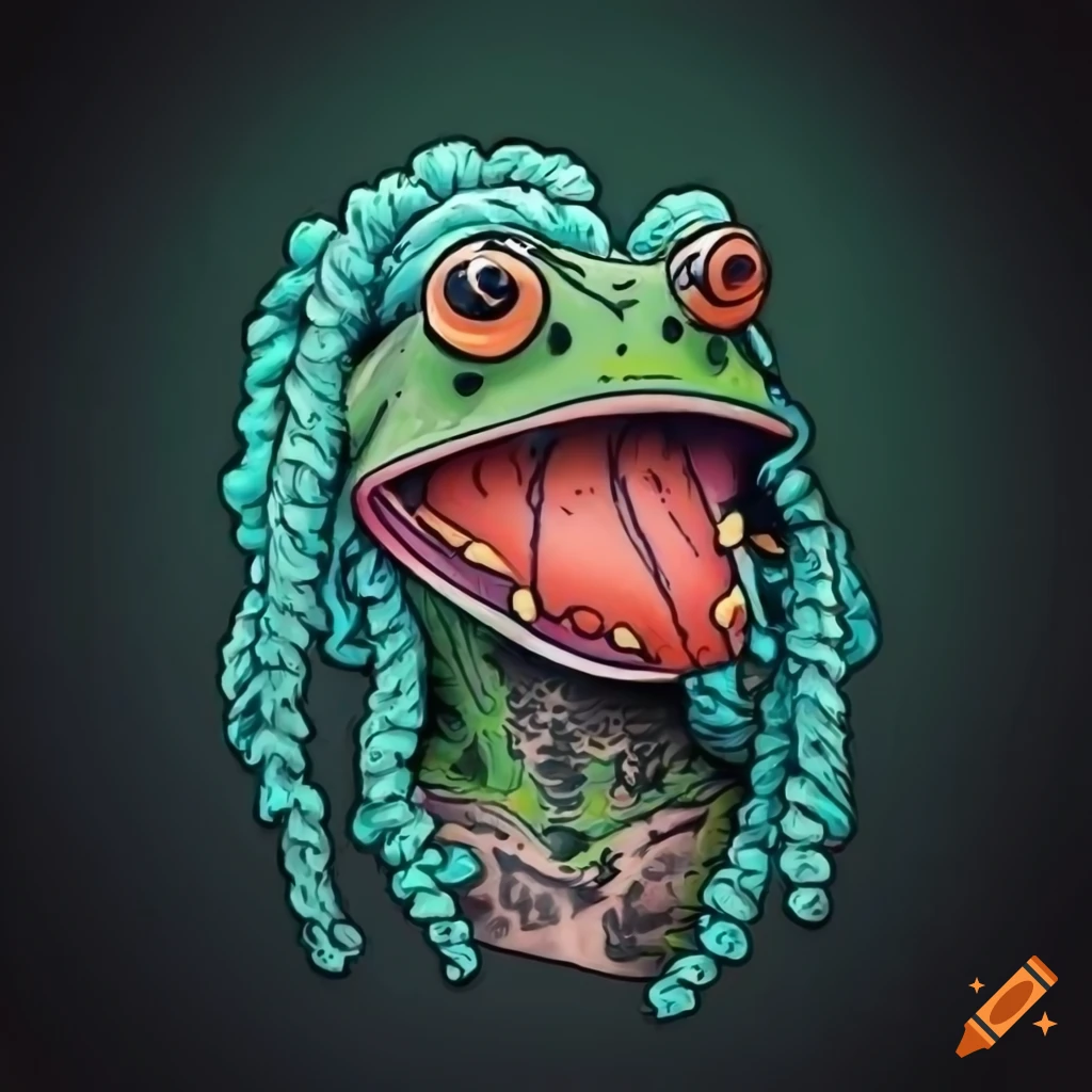 illustration of a tattooed frog with dreadlocks smoking