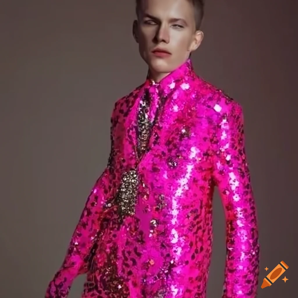 Man in a stylish hot pink suit with cheetah print and sequin stars
