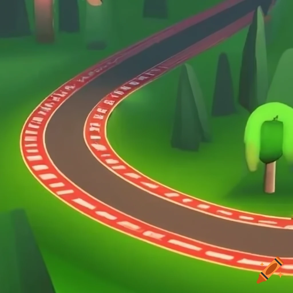 Race track in a video game with grass surroundings on Craiyon