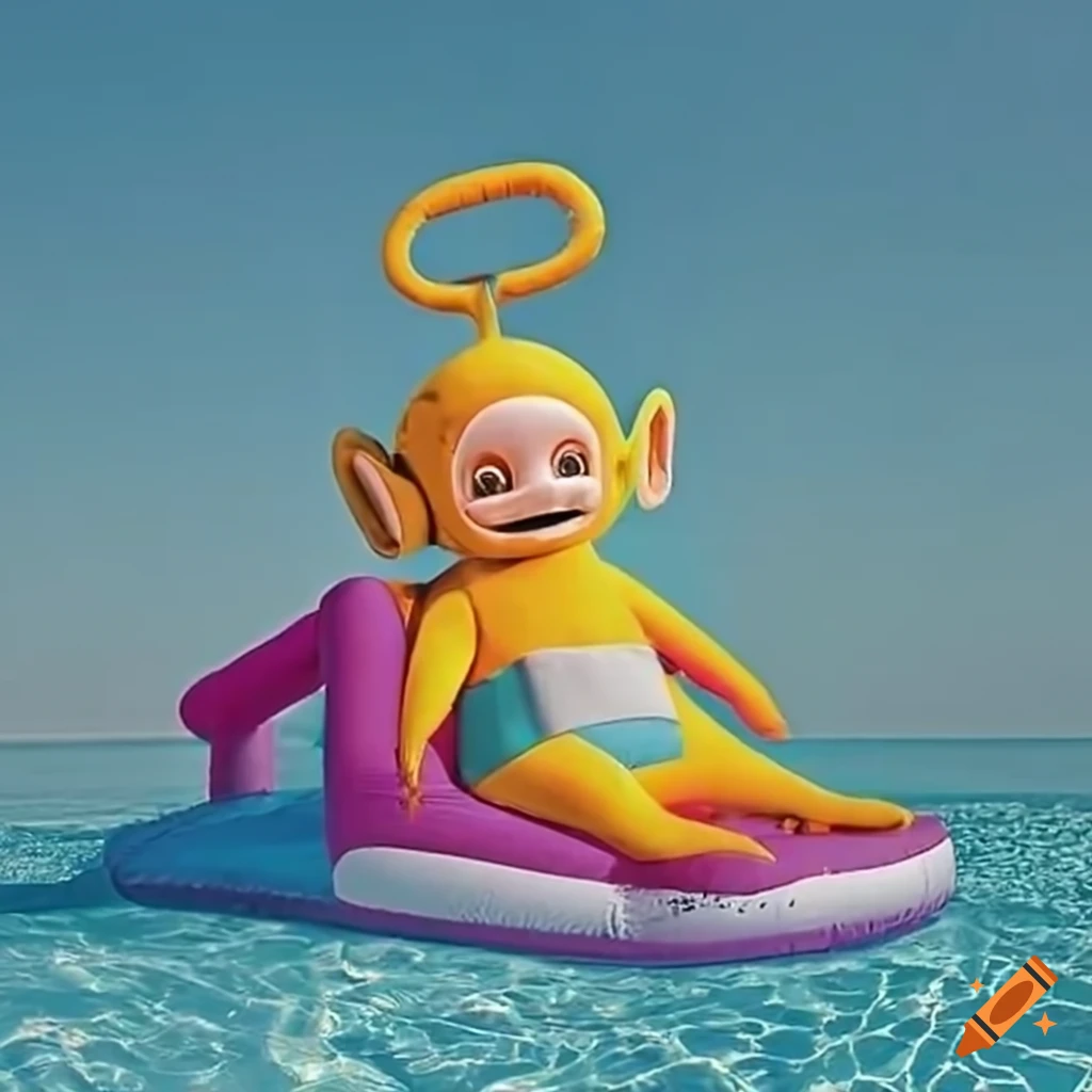 Teletubbies on an inflatable pool slide
