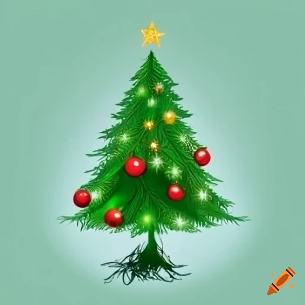 decorated green christmas tree with roots in white background