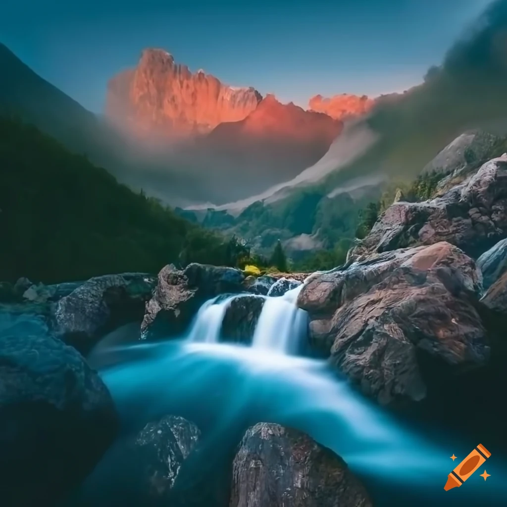 scenic mountain view with waterfall and birds in the sky