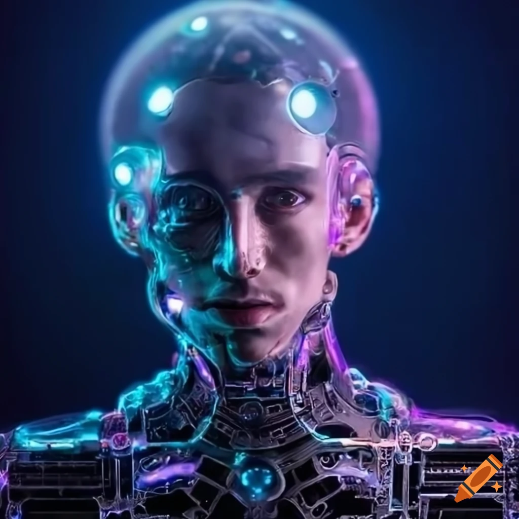 Detailed image of a 1930s male cyborg with futuristic circuits and led ...