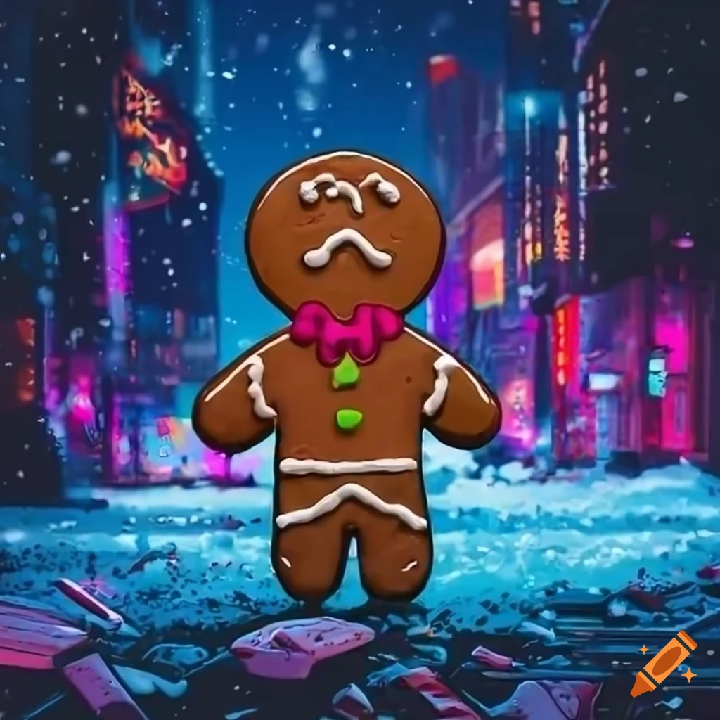 Gingerbread man in a cyberpunk city snowfall