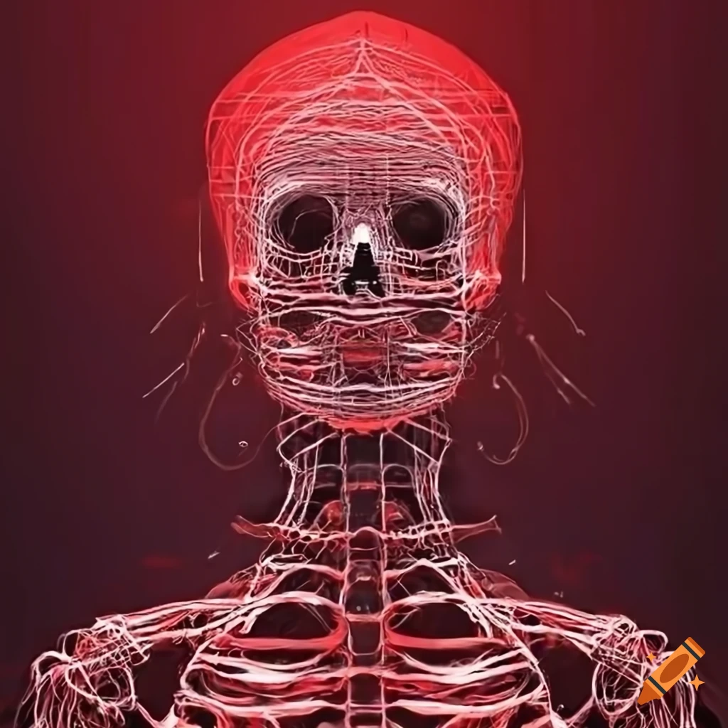 red wireframe art with female skeleton and techno elements
