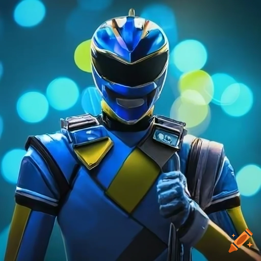 blue and yellow Power Rangers in a cyberpunk setting