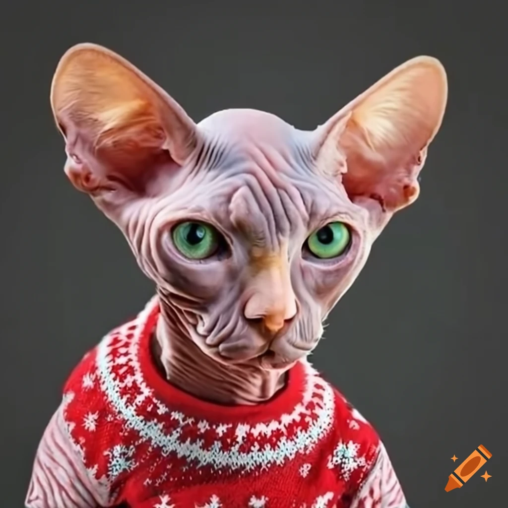 Sphinx cat wearing a funny christmas sweater