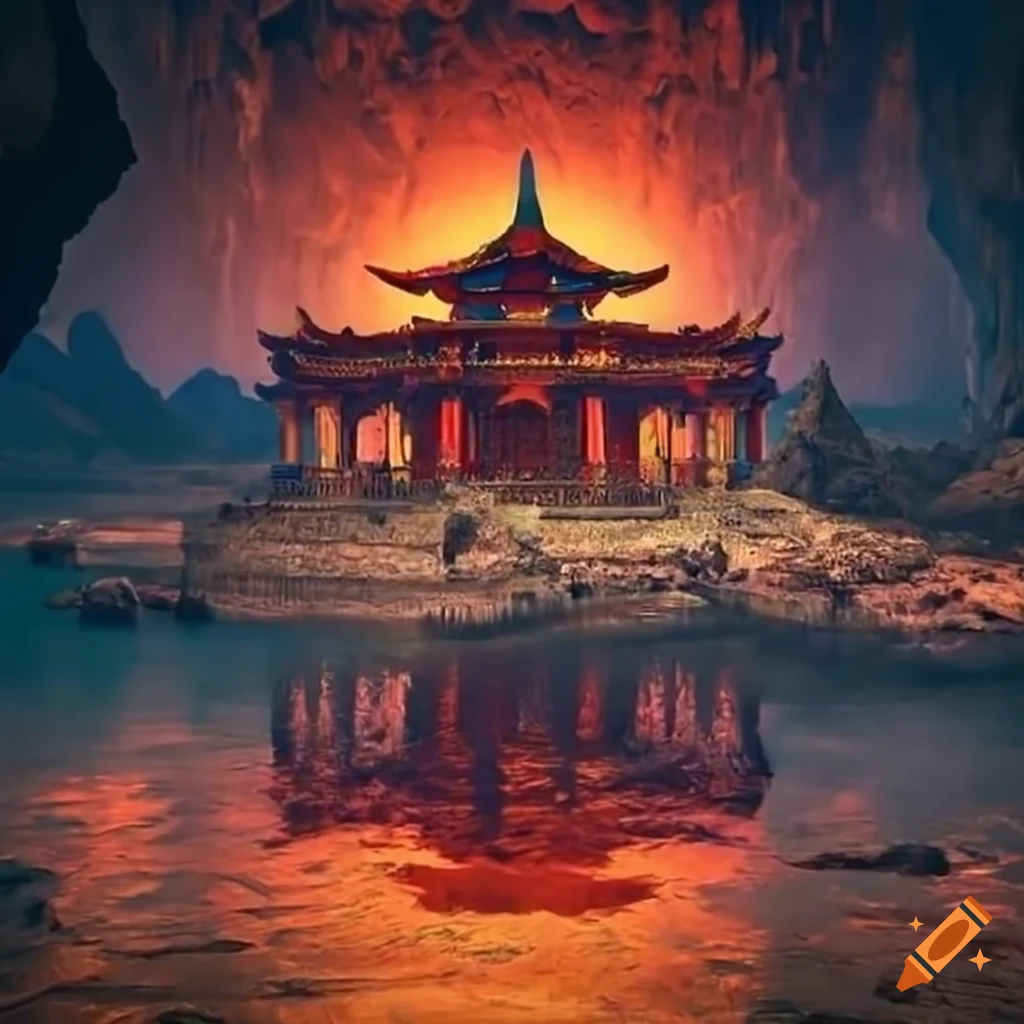 temple on a lava lake in a cave